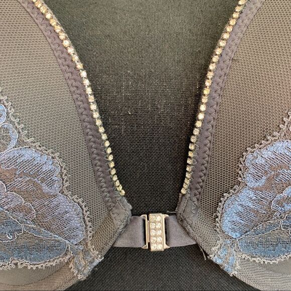 La Senza beyond sexy gray rhinestone trim blue lace bra Sz 36D - Picture 2 of 10